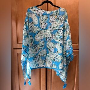 Chico’s Coastal Treasure Poncho Blue with Shells Size L/XL